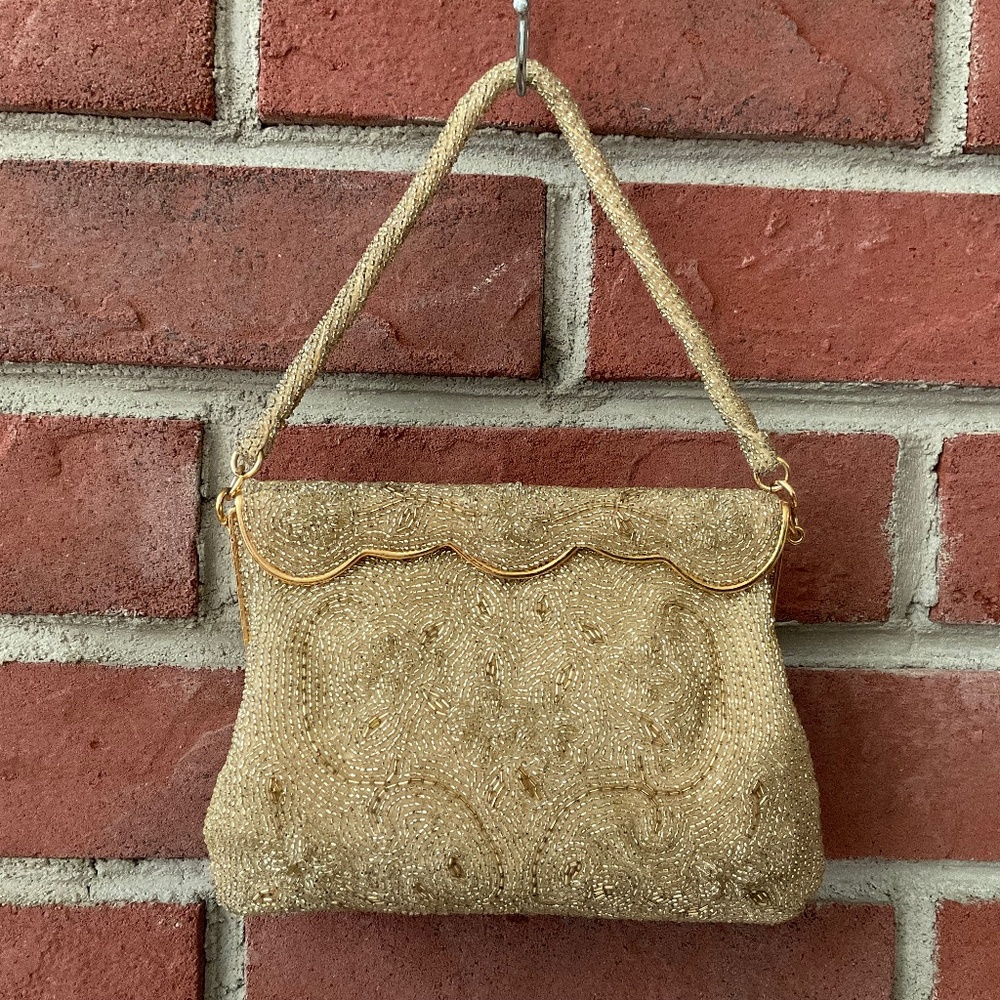 Vintage Gold Fully Beaded Handbag Scalloped Clasp Handmade in Japan